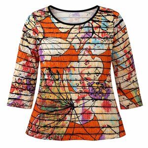 Erin London Small Abstract Floral Crinkle Knit Top 3/4 Sleeve Art to Wear Boho